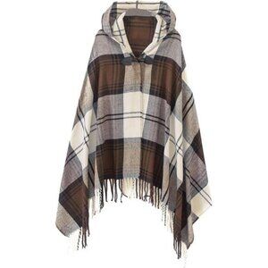 Women Plaid Poncho Knitted Tassel Shawl Cape Hooded Button Cardigan Wrap